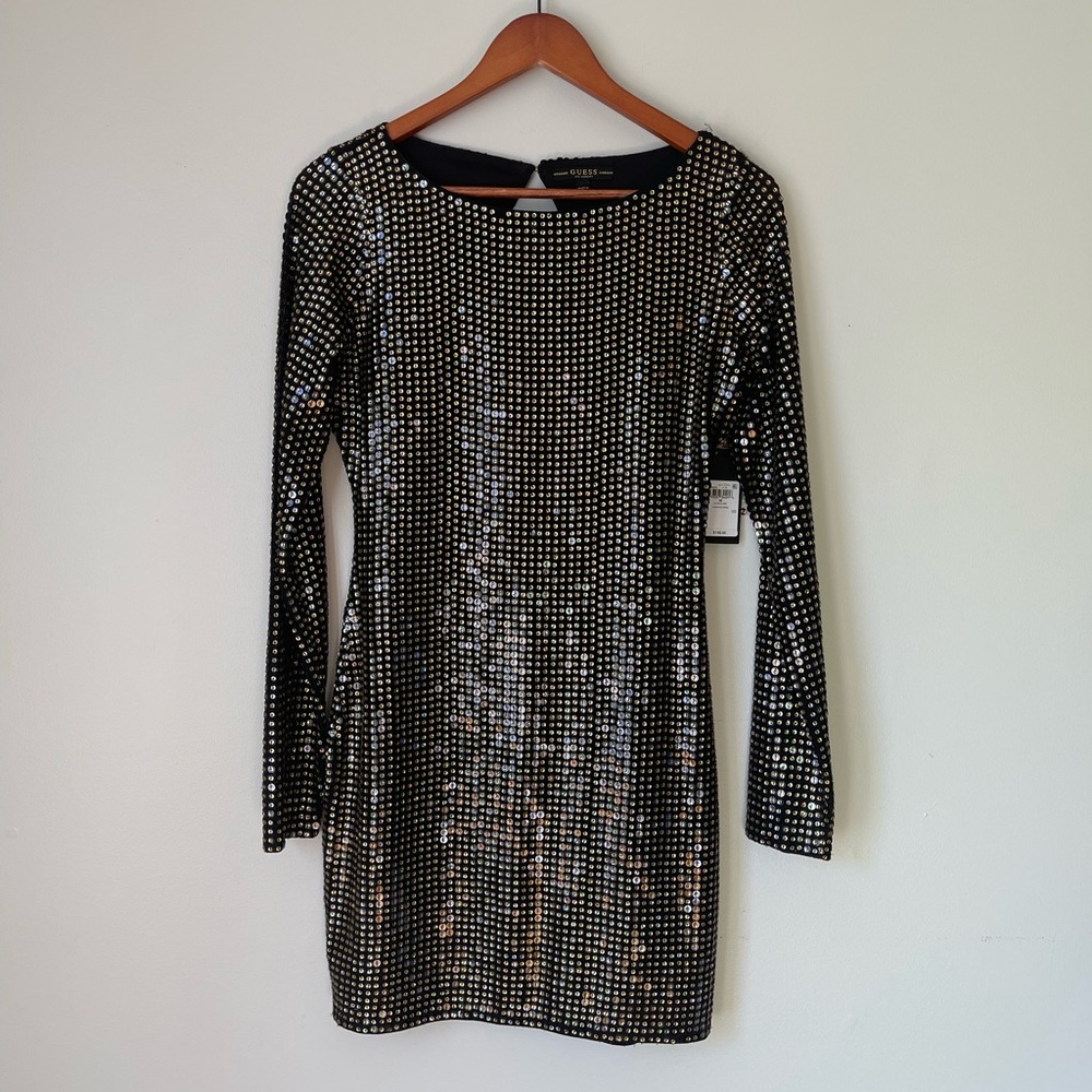 NWT GUESS Black Sequin Long Sleeve Mini Dress Size Medium